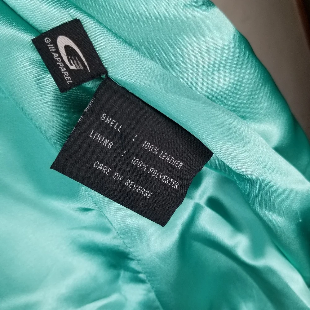 •SOLD• 90s Y2K turquoise leather jacket zip front fitted Colebrook M - Picture 5 of 6